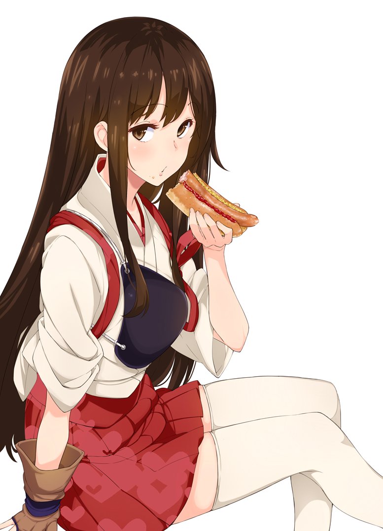 1girl akagi_(kantai_collection) amami_amayu brown_eyes brown_hair eating gloves hakama_skirt hot_dog japanese_clothes kantai_collection long_hair looking_at_viewer muneate partly_fingerless_gloves red_skirt simple_background single_glove sitting skirt solo straight_hair tasuki thigh-highs white_background white_legwear yugake