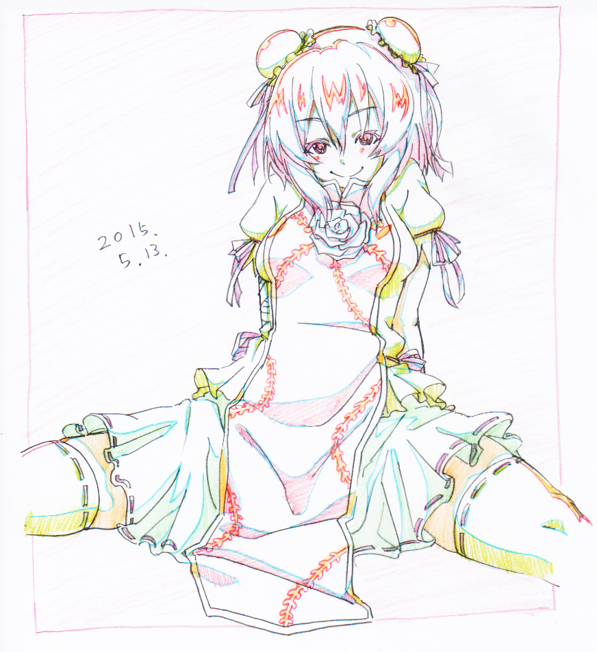 1girl bun_cover character_request china_dress chinese_clothes closed_mouth dated dress flower green_legwear hair_between_eyes ibaraki_kasen leaning_back limited_palette long_hair pelvic_curtain pink_x puffy_short_sleeves puffy_sleeves red_eyes rose short_hair short_sleeves smile solo spread_legs thigh-highs touhou
