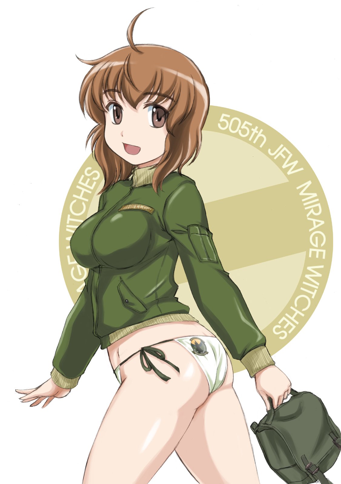 1girl 505th_joint_fighter_wing 505th_joint_fighter_wing_(emblem) ahoge ass bag breasts brown_eyes brown_hair commentary cowboy_shot english eyebrows_visible_through_hair from_side green_jacket green_panties highres holding inufusa_yuno jacket long_sleeves looking_at_viewer medium_breasts open_mouth panties print_panties satchel short_hair side-tie_panties smile solo standing underwear wan'yan_aguda world_witches_series zipper