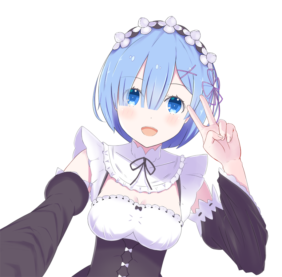 1girl :d bangs black_ribbon blue_eyes blue_hair breasts choker cleavage detached_sleeves eyebrows_visible_through_hair flower hair_between_eyes hair_flower hair_ornament hair_ribbon head_wreath looking_at_viewer medium_breasts neck_ribbon open_mouth purple_ribbon re:zero_kara_hajimeru_isekai_seikatsu rem_(re:zero) ribbon ribbon-trimmed_sleeves ribbon_trim short_hair simple_background smile solo upper_body v white_background white_flower xingye_you_xia