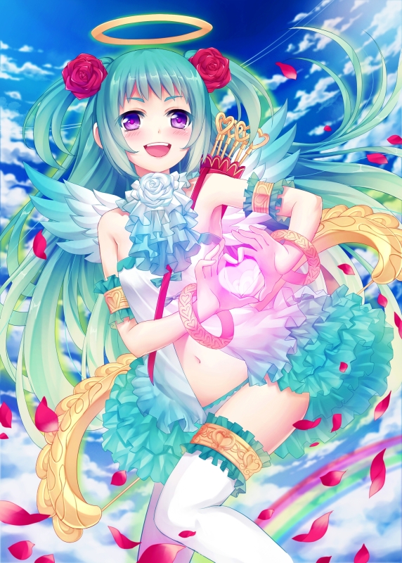 1girl :d arm_garter arrow bare_shoulders blue_hair blue_panties blue_skirt blue_sky clouds copyright_request flower frilled_skirt frills hair_flower hair_ornament halo head_wings heart heart_arrow heart_hands leg_garter looking_at_viewer navel open_clothes open_mouth open_skirt outdoors panties quiver rose skirt sky smile solo standing thigh-highs tonee two_side_up underwear violet_eyes white_flower white_rose wings