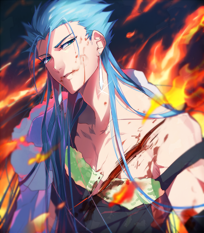 1boy black_shirt blood blood_on_face blue_eyes blue_hair collarbone cu_chulainn_(fate/grand_order) deep_wound earrings fate/grand_order fate_(series) fire floating_hair head_tilt injury jewelry lancer long_hair parted_lips sakurai_(poyo) shirt solo torn_clothes torn_shirt upper_body