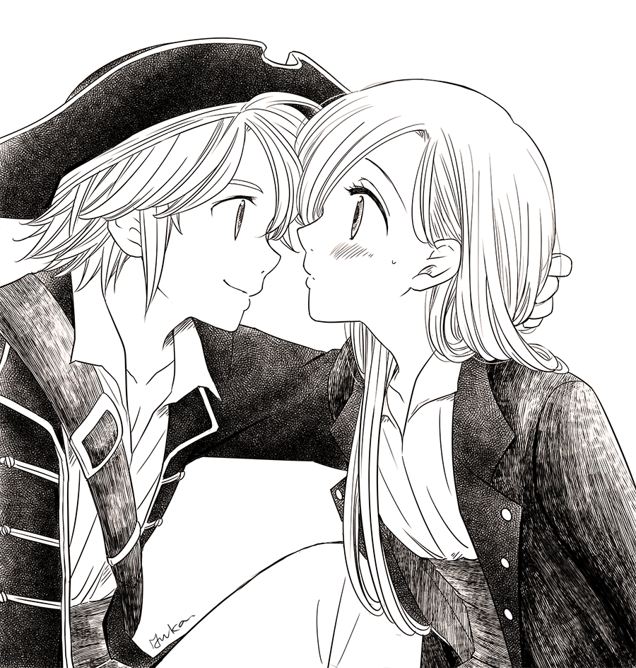 1boy 1girl alternate_costume artist_name blush buttons collarbone couple elizabeth_liones eye_contact greyscale harumiya hat jacket long_hair looking_at_another meliodas monochrome nanatsu_no_taizai open_clothes open_jacket pirate pirate_costume pirate_hat smile