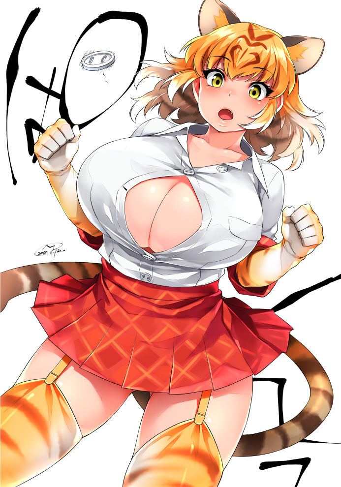 1girl animal_ears animal_print bangs blonde_hair breast_pocket breasts brown_hair bursting_breasts buttons center_opening cleavage cleavage_cutout collarbone collared_shirt commentary_request cowboy_shot dated extra_ears eyebrows_visible_through_hair fang flying_button garter_straps gloves gluteal_fold hands_up happa_(cloverppd) huge_breasts kemono_friends looking_at_viewer medium_hair miniskirt multicolored_hair open_mouth plaid plaid_skirt pocket popped_button print_gloves print_legwear red_skirt shirt short_sleeves signature simple_background skindentation skirt solo standing tail thigh-highs tiger_(kemono_friends) tiger_ears tiger_print tiger_tail two-tone_hair wardrobe_malfunction white_background white_hair white_shirt wing_collar yellow_eyes zettai_ryouiki