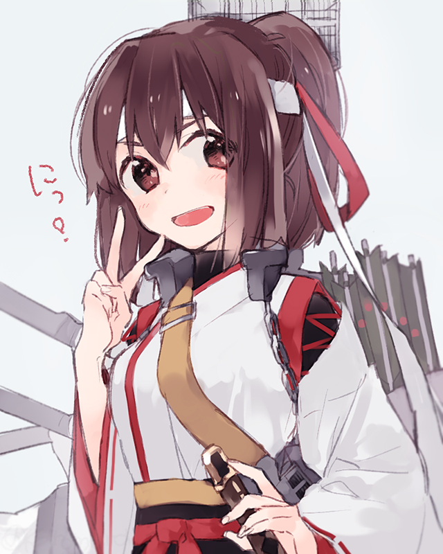 1girl blush brown_hair hair_ribbon ise_(kantai_collection) kantai_collection karomura looking_at_viewer open_mouth ponytail remodel_(kantai_collection) ribbon short_hair simple_background smile solo upper_body v