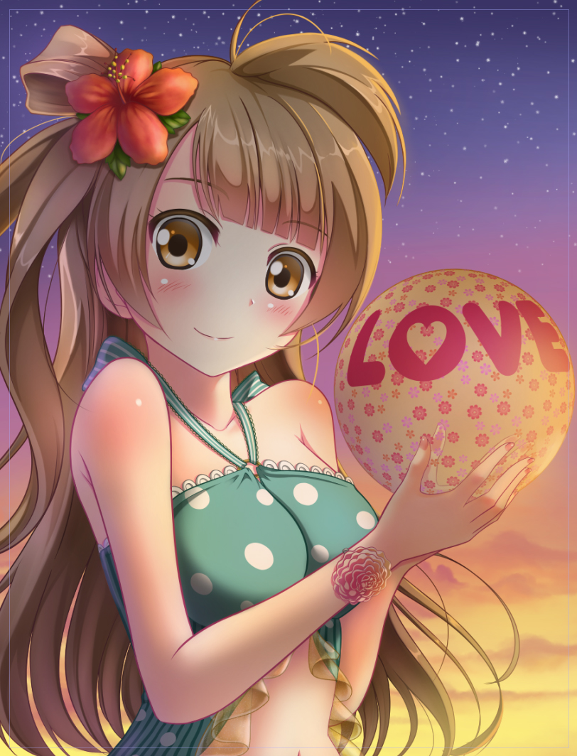 1girl antenna_hair ball bangs beachball blunt_bangs blush brown_eyes brown_hair eyebrows_visible_through_hair halterneck holding holding_ball long_hair love_live! love_live!_school_idol_festival love_live!_school_idol_project minami_kotori minamixdrops navel one_side_up outdoors polka_dot sky smile solo star_(sky) starry_sky sunset upper_body wrist_flower