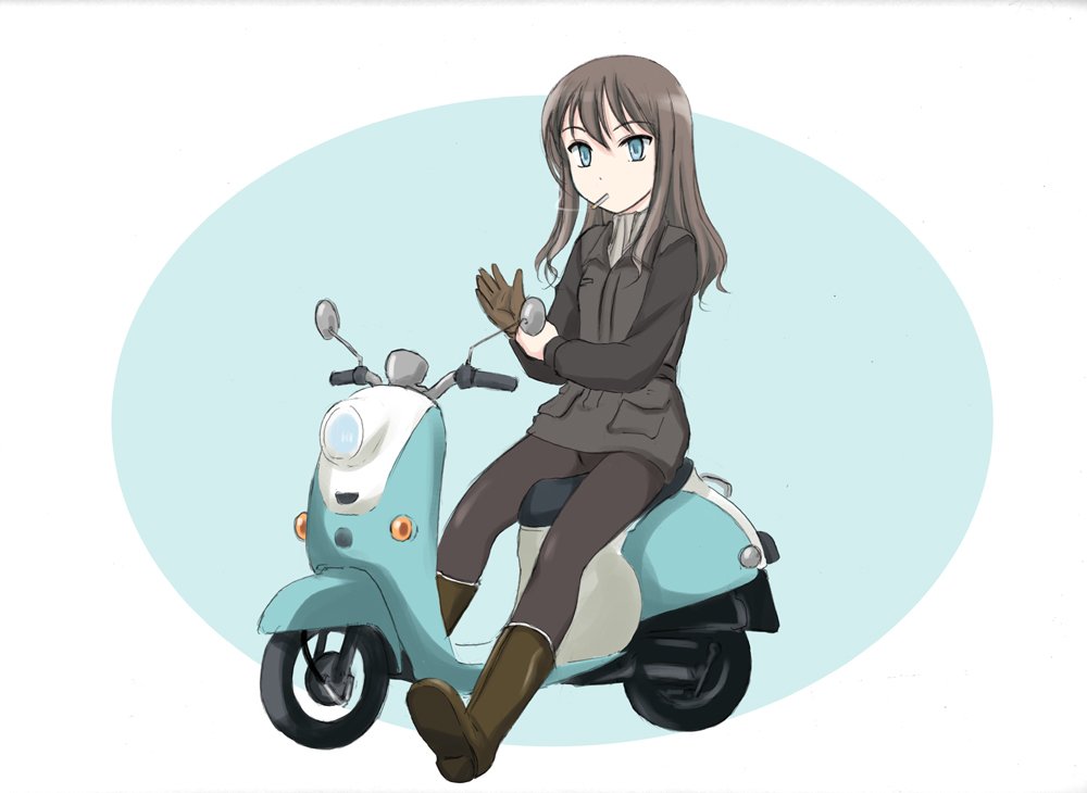 1girl bangs black_footwear black_hair black_jacket black_legwear blue_eyes boots brown_gloves cigarette closed_mouth commentary elizabeth_f_beurling gloves ground_vehicle jacket long_hair long_sleeves looking_at_viewer motor_vehicle oval pantyhose riding scooter sitting smoking solo vehicle_request wan'yan_aguda world_witches_series yamaha yamaha_vino