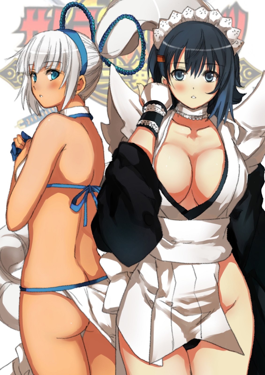 2girls black_eyes black_hair blue_eyes blush breasts choker cleavage dark_skin flipped_hair garimpeiro gloves highres huge_breasts iroha_(samurai_spirits) japanese_clothes large_breasts maid maid_headdress majikina_mina multiple_girls ponytail queen's_blade samurai_spirits short_hair single_glove snk white_hair wide_sleeves