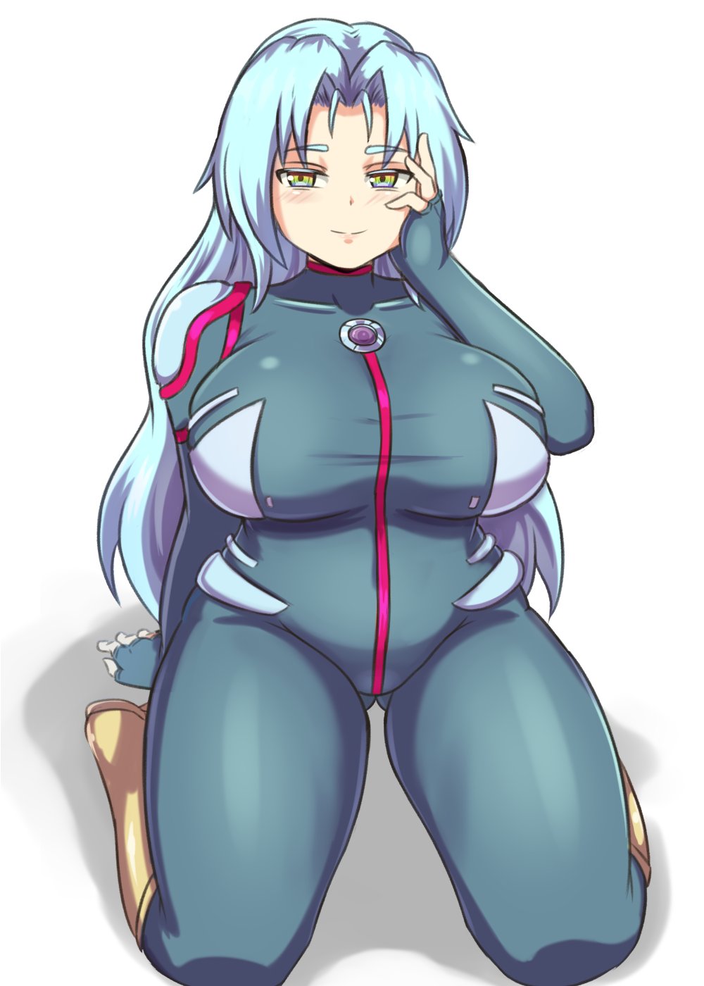 1girl aqua_bodysuit arm_at_side bangs blue_hair blush bodysuit breasts commentary covered_collarbone english_commentary eyebrows gluteal_fold hand_on_own_face highres kneehighs large_breasts long_hair looking_at_viewer multicolored multicolored_eyes nav parted_bangs plump rainbow_eyes seiza shadow simple_background sitting smile solo star_breaker suguri thick_thighs thighs white_background