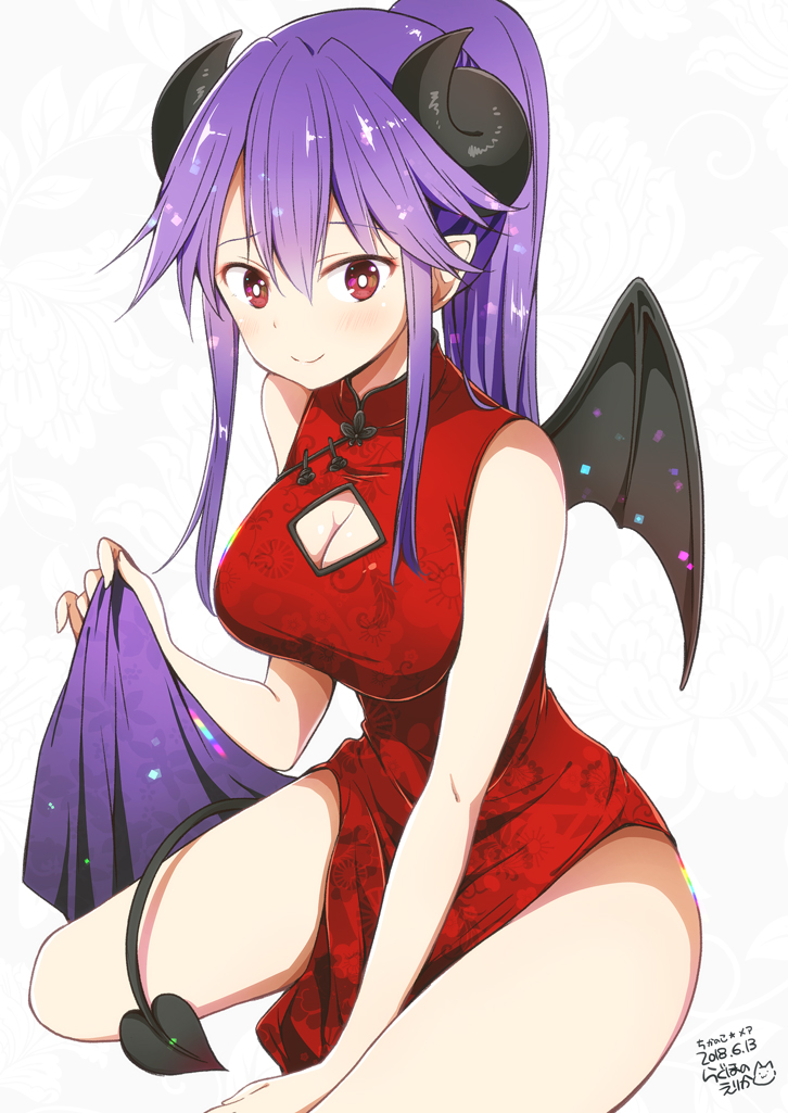 1girl bare_legs breasts chikanoko china_dress chinese_clothes cleavage cleavage_cutout closed_mouth commentary_request curled_horns dated demon_horns demon_tail demon_wings dress eyebrows_visible_through_hair hair_between_eyes horns long_hair medium_breasts original pointy_ears ponytail ragho_no_erika red_dress red_eyes shiny shiny_hair sidelocks signature simple_background smile solo tail wings