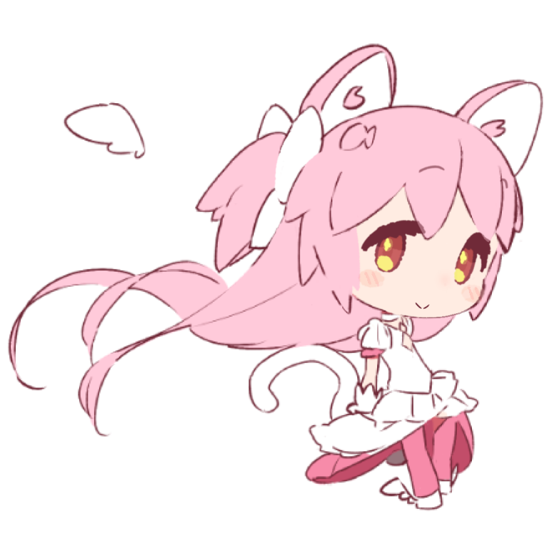 1girl animal_ears blush cat_ears cat_tail chibi dress full_body goddess_madoka long_hair looking_at_viewer mahou_shoujo_madoka_magica pink_hair red_eyes simple_background smile solo tail two_side_up white_background white_dress yoru_nai