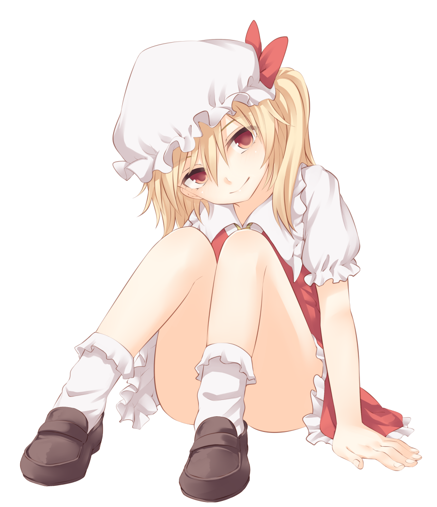 1girl ass blonde_hair bow brown_footwear commentary_request convenient_leg flandre_scarlet frilled_shirt_collar frills full_body hair_between_eyes hat hat_bow head_tilt knees_up loafers looking_at_viewer miyo_(ranthath) mob_cap no_wings petticoat puffy_short_sleeves puffy_sleeves red_bow red_eyes red_skirt shoes short_hair short_sleeves side_ponytail simple_background sitting skirt smile socks solo touhou white_background white_hat white_legwear