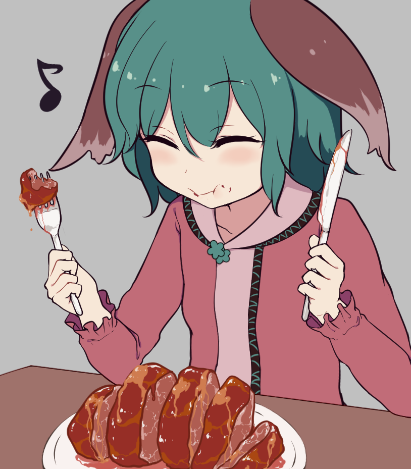 1girl ^_^ animal_ears blush closed_eyes collarbone commentary_request eating eighth_note eyebrows_visible_through_hair food fork green_hair grey_background hair_between_eyes hands_up holding holding_fork holding_knife kasodani_kyouko knife long_sleeves marsen meat musical_note pink_shirt plate shirt short_hair simple_background solo table touhou upper_body