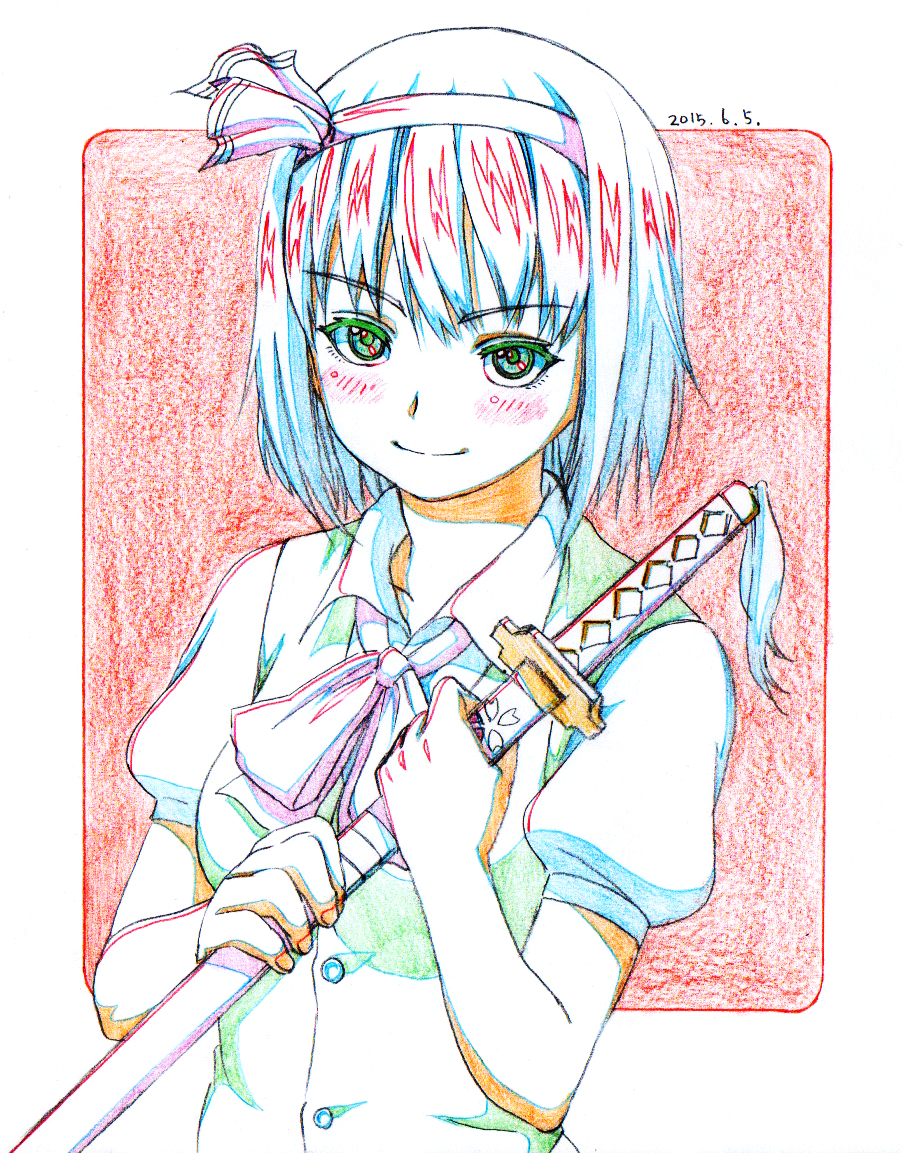 1girl blue_hair blush bow bowtie closed_mouth collared_shirt colored_pencil_(medium) dated graphite_(medium) green_eyes green_vest headband holding holding_sword holding_weapon katana konpaku_youmu limited_palette looking_at_viewer pink_neckwear pink_x puffy_short_sleeves puffy_sleeves scabbard sheath shirt short_hair short_sleeves smile solo sword touhou traditional_media upper_body vest weapon white_shirt wing_collar