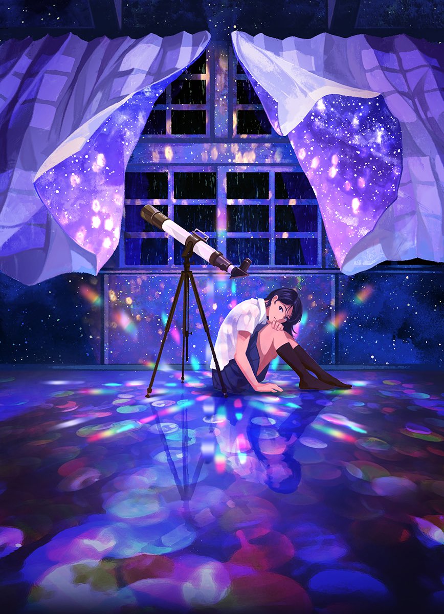 1girl black_legwear blue_skirt collared_shirt commentary_request curtains gemi highres kaleidoscope looking_at_viewer looking_to_the_side original pleated_skirt purple_hair shirt short_sleeves sitting skirt sky socks solo star_(sky) starry_sky telescope white_shirt window