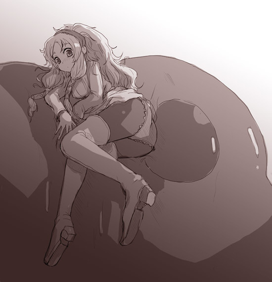 1girl boots breasts character_request greyscale high_heel_boots high_heels kara_(color) long_hair monochrome panties romancing_saga_2 saga slime solo underwear