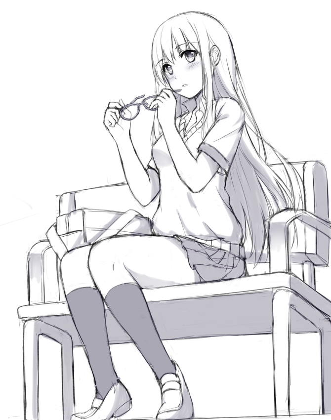 1girl bag bench blush commentary english_commentary eyewear_removed glasses greyscale holding_eyewear long_hair looking_at_viewer monochrome original parted_lips school_bag shirt shoes short_sleeves shoulder_bag simple_background sitting socks solo tonee white_background white_shirt