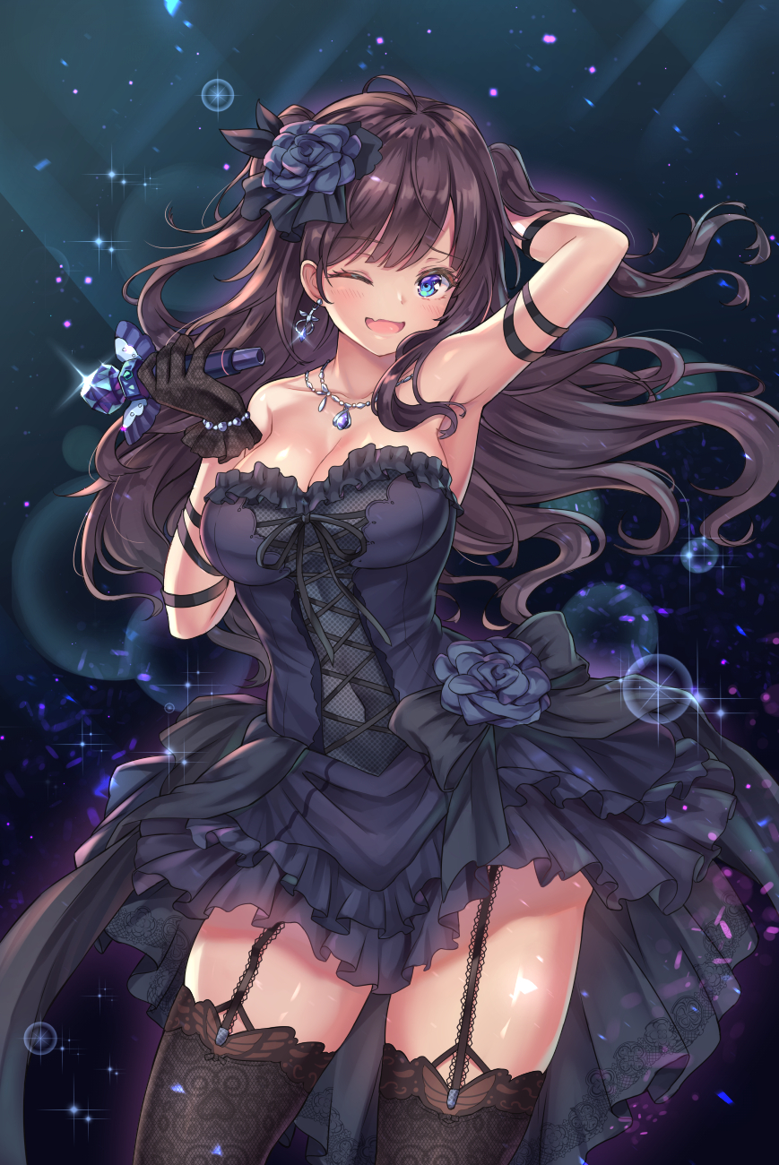 1girl ;d ahoge arm_ribbon arm_up armpits bangs bare_shoulders black_dress black_flower black_gloves black_legwear black_ribbon black_rose blue_eyes blush breasts brown_hair cenangam cleavage collarbone dress earrings eyebrows_visible_through_hair fang flower frilled_dress frills garter_straps gloves hair_flower hair_ornament hands_up highres ichinose_shiki idolmaster idolmaster_cinderella_girls idolmaster_cinderella_girls_starlight_stage jewelry large_breasts long_hair looking_at_viewer microphone necklace one_eye_closed open_mouth ribbon rose smile solo standing strapless strapless_dress two_side_up wavy_hair