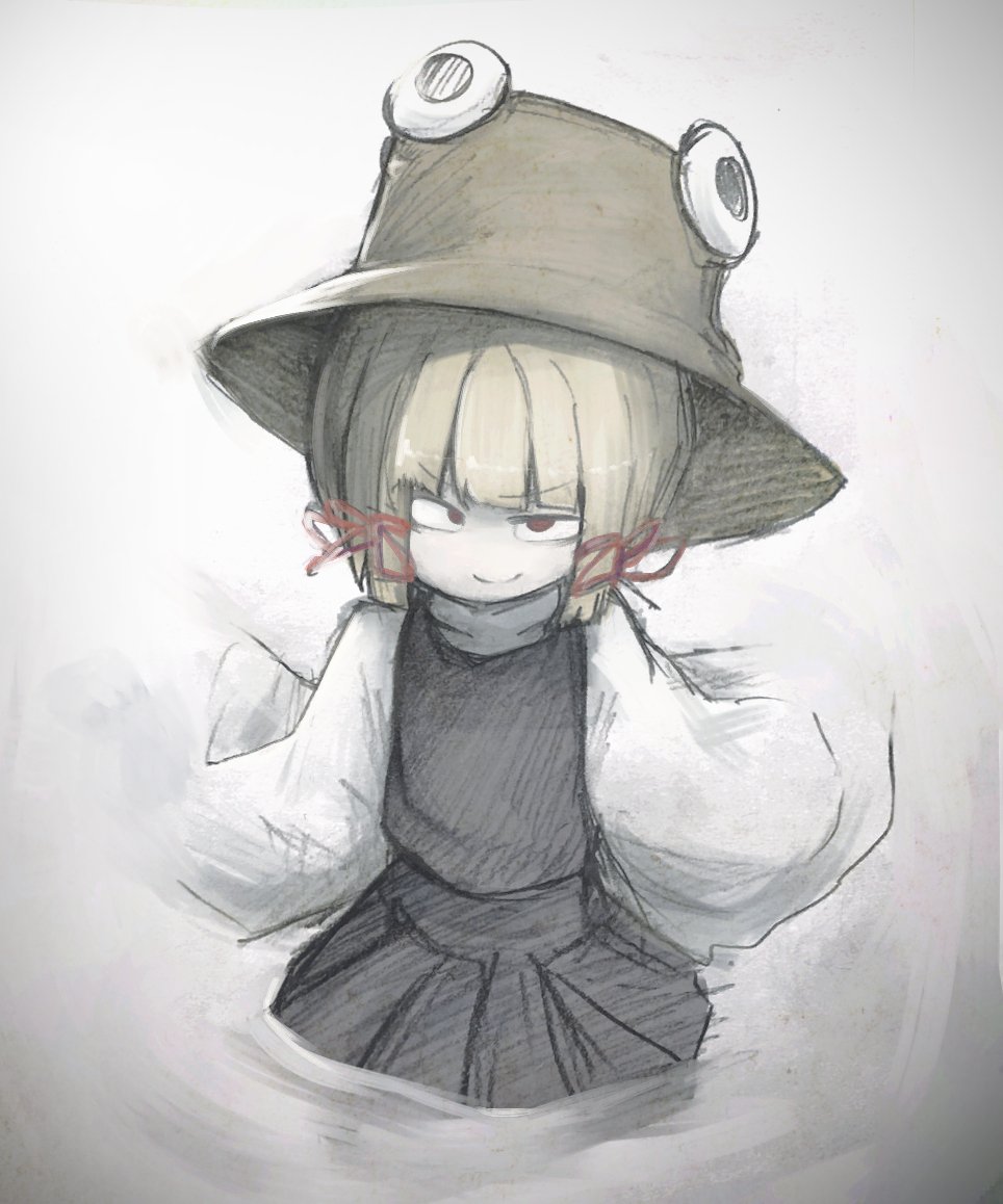 1girl bangs blonde_hair blunt_bangs eyebrows_visible_through_hair gradient gradient_background grey_background hair_ribbon hat hikaterujapan long_sleeves looking_at_viewer moriya_suwako muted_color no_nose purple_vest pyonta red_eyes red_ribbon ribbon shirt short_hair skirt smile solo touhou traditional_media turtleneck upper_body vest white_background white_shirt wide_sleeves