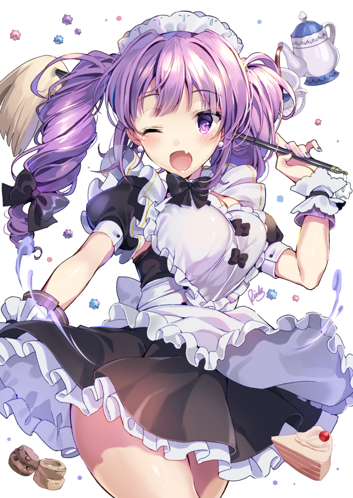 1girl ;d aisha_(elsword) apron black_bow black_dress blush bow cake cherry cup dessert dress duster elsword fang food fruit hair_bow holding holding_duster looking_at_viewer maid maid_apron maid_headdress one_eye_closed open_mouth pastry pinb plate puffy_short_sleeves puffy_sleeves purple_hair scrunchie short_sleeves smile solo teacup teapot twintails white_apron white_background white_scrunchie wrist_scrunchie