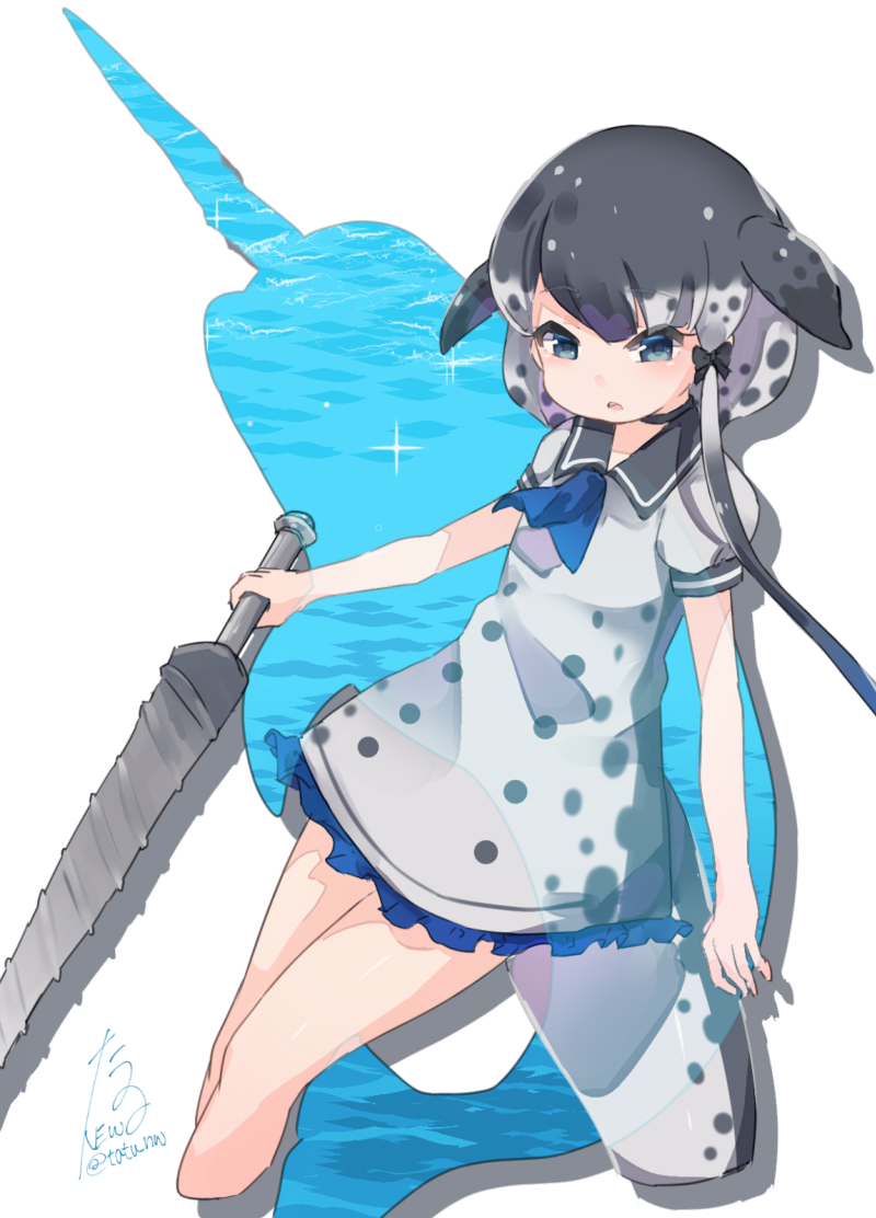 1girl blowhole blue_eyes bow dress eyebrows_visible_through_hair frilled_dress frills grey_hair hair_bow kemono_friends multicolored_hair narwhal_(kemono_friends) narwhal_tail neckerchief polearm puffy_short_sleeves puffy_sleeves sailor_collar short_hair short_sleeves sidelocks signature solo spear spotted_hair tatsuno_newo weapon