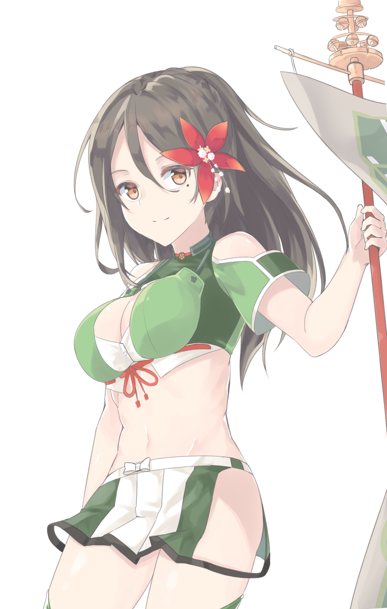1girl amagi_(kantai_collection) breasts brown_eyes brown_hair cleavage cleavage_cutout hair_ornament highres kantai_collection leaf leaf_hair_ornament light_smile long_hair maple_leaf mole mole_under_eye short_sleeves simple_background skirt solo tiasis white_background white_skirt