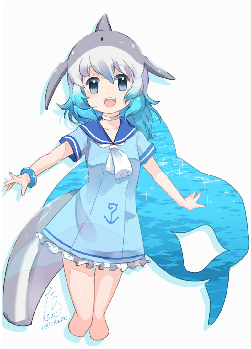 1girl :d anchor_symbol blowhole blue_eyes blue_hair bracelet choker common_bottlenose_dolphin_(kemono_friends) dolphin_tail dress eyebrows_visible_through_hair frilled_dress frills grey_hair japari_symbol jewelry kemono_friends looking_at_viewer multicolored_hair neckerchief open_mouth sailor_collar short_hair short_sleeves signature smile solo tail tatsuno_newo water white_choker