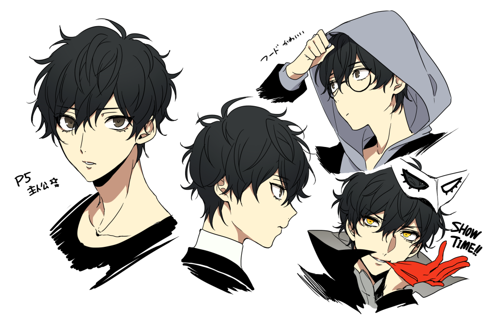 amamiya_ren biting black_hair expressionless glasses glove_biting gloves grey_eyes hood hood_up male_focus mask mask_on_head morgana_(persona_5) no_eyewear persona persona_5 red_gloves shivue smile yellow_eyes