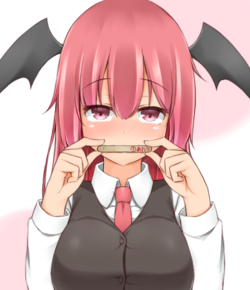 1girl black_vest breasts commentary_request covered_mouth demon_wings eyebrows_visible_through_hair garasuita hair_between_eyes hands_up head_wings holding koakuma large_breasts long_hair long_sleeves looking_at_viewer necktie pink_background popsicle_stick red_eyes red_neckwear redhead shirt solo touhou translated two-tone_background upper_body vest white_background white_shirt wing_collar wings