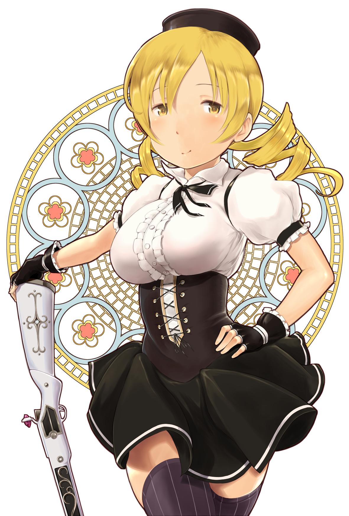 1girl art_nouveau black_gloves blonde_hair bodice breasts corset drill_hair fingerless_gloves gloves gun hand_on_hip hat highres large_breasts looking_at_viewer mahou_shoujo_madoka_magica puffy_sleeves rifle shirt skirt smile solo striped striped_legwear thigh-highs tomoe_mami twin_drills twintails underbust wa_(genryusui) weapon yellow_eyes zettai_ryouiki