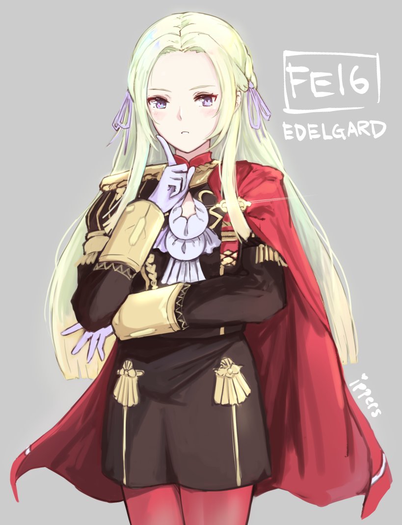 1girl blonde_hair blue_eyes cape cravat edelgard_von_hresvelgr_(fire_emblem) fire_emblem fire_emblem:_three_houses gloves grey_background hair_ornament ippers long_hair looking_at_viewer mole mole_under_mouth nintendo simple_background solo uniform