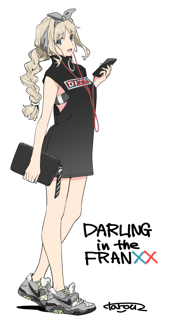 1girl alternate_costume bag bra braid casual darling_in_the_franxx dress earphones grey_hair handbag kokoro_(darling_in_the_franxx) nike phone shoes sleeveless sleeveless_dress sneakers tarou2 underwear