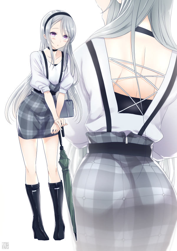 1girl ass back_cutout bag casual collarbone full_body headband kantai_collection long_hair looking_at_viewer sagiri_(kantai_collection) silver_hair simple_background solo standing sumeragi_hamao umbrella violet_eyes white_background