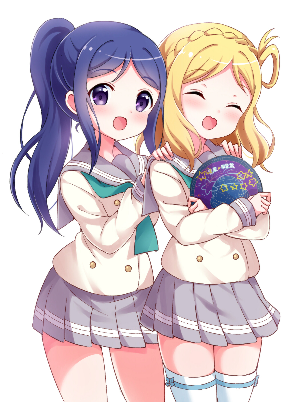 2girls :d ^_^ aqua_neckwear blonde_hair blue_hair braid closed_eyes cowboy_shot crown_braid double-breasted eyebrows_visible_through_hair grey_skirt hair_rings hands_on_another's_shoulders highres long_hair long_sleeves looking_at_viewer love_live! love_live!_sunshine!! matsuura_kanan medium_hair multiple_girls neckerchief ohara_mari open_mouth pipette1223 pleated_skirt ponytail school_uniform serafuku simple_background skirt smile star_map thigh-highs uranohoshi_school_uniform violet_eyes white_background white_legwear