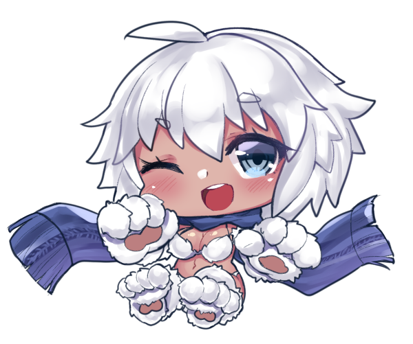 1girl :d ahoge blue_eyes blue_scarf blush chibi commentary commission english_commentary eyebrows_visible_through_hair fur_bikini monster_girl monster_girl_encyclopedia navel one_eye_closed open_mouth osiimi paws round_teeth scarf short_hair sitting smile solo teeth transparent_background white_hair yeti_(monster_girl_encyclopedia)