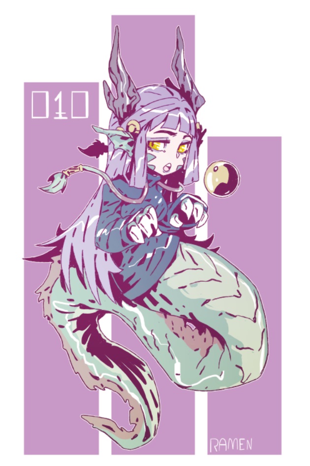 1girl animal_ears artist_name bangs blue_sweater blunt_bangs claws commentary dragon_horns english_commentary head_fins horns lamia long_hair looking_at_viewer monster_girl monster_girl_encyclopedia open_mouth purple_hair ramenwarwok ryuu_(monster_girl_encyclopedia) scales solo sweater tumblr_username yellow_eyes yin_yang