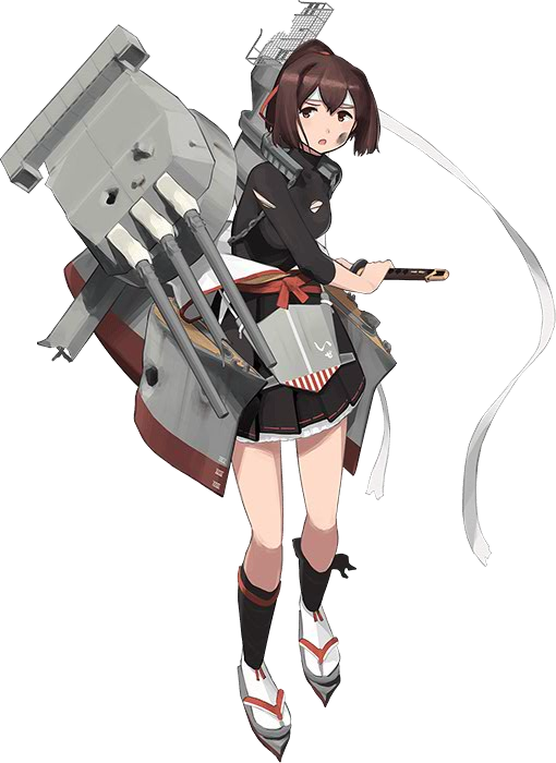 1girl bodysuit brown_eyes brown_hair cannon hair_ribbon ise_(kantai_collection) japanese_clothes kantai_collection katana kneehighs machinery nontraditional_miko official_art ponytail remodel_(kantai_collection) ribbon sandals sash shibafu_(glock23) short_hair skin_tight sword torn_clothes turret undershirt weapon