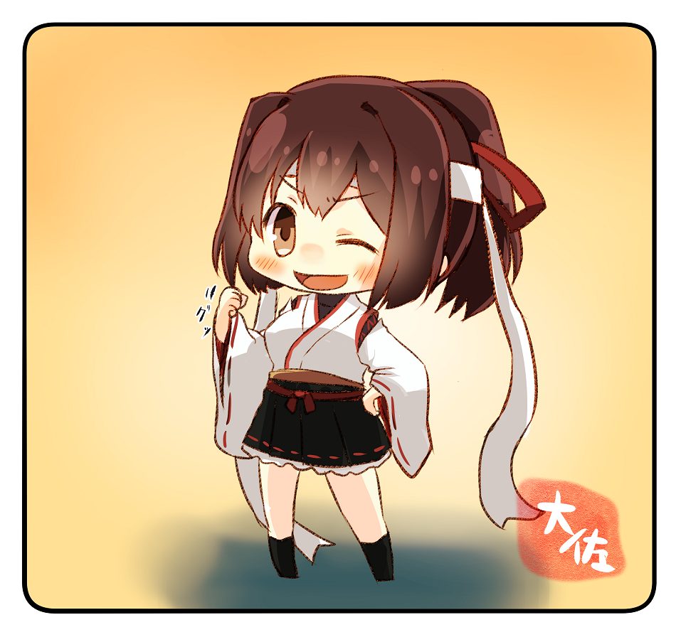 1girl bodysuit brown_eyes brown_hair clenched_hand commentary_request eyebrows_visible_through_hair hair_ribbon ise_(kantai_collection) japanese_clothes kantai_collection long_sleeves nontraditional_miko ponytail ribbon sandals sash short_hair skin_tight taisa_(kari)