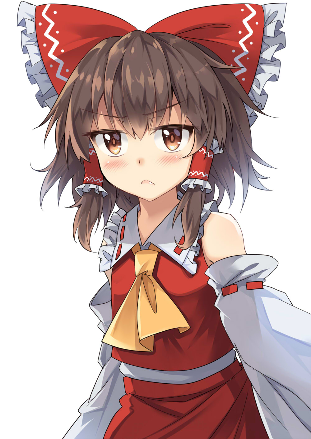 &gt;:( 1girl ascot bare_shoulders blush bow brown_eyes brown_hair commentary_request detached_sleeves e.o. eyebrows_visible_through_hair frilled_bow frilled_shirt_collar frills hair_between_eyes hair_bow hair_tubes hakurei_reimu highres looking_at_viewer pink_lips red_bow red_skirt ribbon-trimmed_sleeves ribbon_trim short_hair sidelocks simple_background skirt sleeveless solo touhou upper_body v-shaped_eyebrows white_background yellow_neckwear