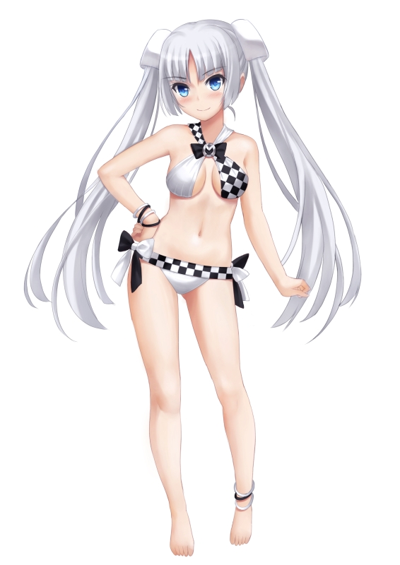 1girl anklet bangs bikini blue_eyes blue_neckwear bow bowtie checkered commentary contrapposto english_commentary eyebrows_visible_through_hair full_body grey_hair hair_ornament jewelry long_hair looking_at_viewer miss_monochrome miss_monochrome_(character) parted_bangs simple_background smile solo standing swimsuit tonee twintails very_long_hair white_background white_bikini wristband