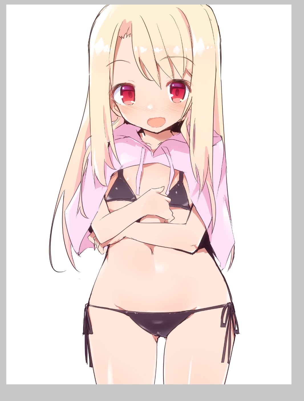 1girl bikini black_bikini black_swimsuit blonde_hair caburi commentary_request fate/kaleid_liner_prisma_illya fate_(series) flat_chest groin hands_on_own_chest highres illyasviel_von_einzbern long_hair lowleg lowleg_bikini navel open_clothes open_mouth open_shirt pink_shirt red_eyes shirt side-tie_bikini solo swimsuit