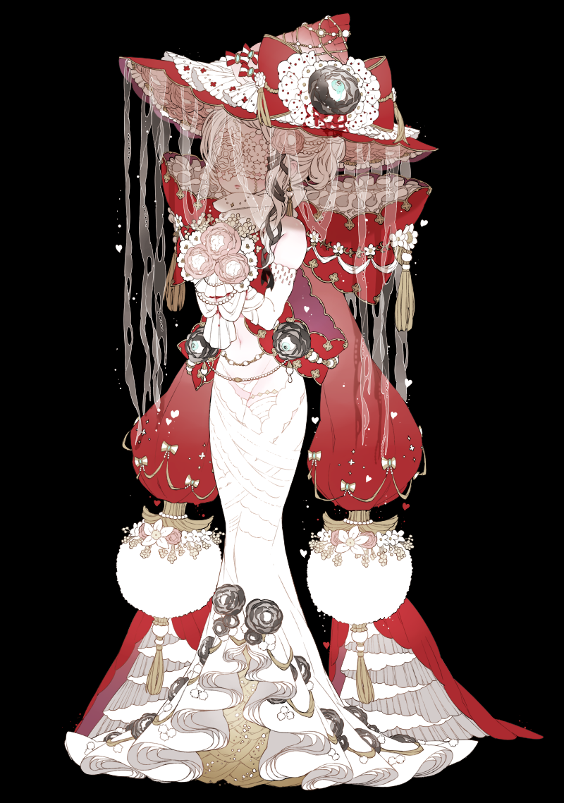 1girl bare_shoulders black_background bouquet bow chino_machiko covered_eyes detached_sleeves dress facing_viewer flower full_body grey_rose hat hat_bow holding long_sleeves original red_bow red_hat rose simple_background standing white_dress white_hair