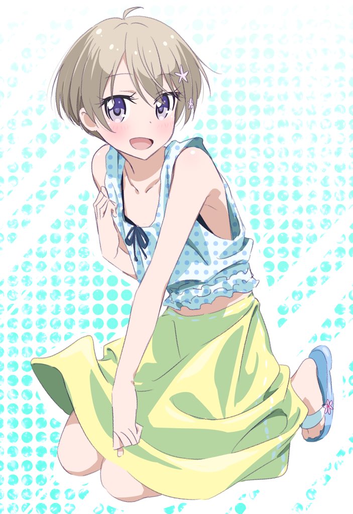 1girl :d black_ribbon brown_hair collarbone eyebrows_visible_through_hair full_body hair_between_eyes hoshikawa_hotaru kneeling looking_at_viewer new_game! open_mouth pink_x polka_dot polka_dot_shirt ribbon shirt short_hair skirt sleeveless sleeveless_shirt smile solo violet_eyes yellow_skirt