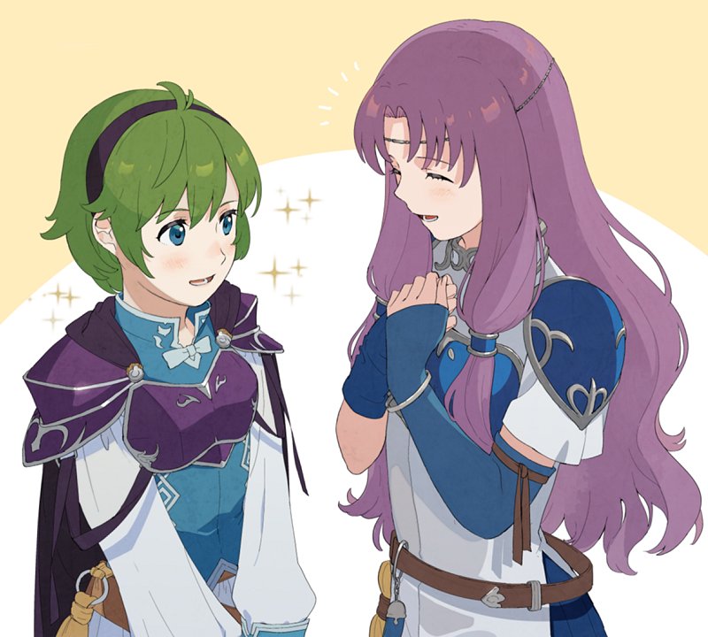 2girls armor blue_eyes blush fingerless_gloves fire_emblem fire_emblem:_rekka_no_ken fire_emblem_heroes florina gloves green_hair hair_ornament hairband jewelry kyufe long_hair multiple_girls nino_(fire_emblem) open_mouth pegasus_knight purple_hair purple_hairband short_hair skirt smile