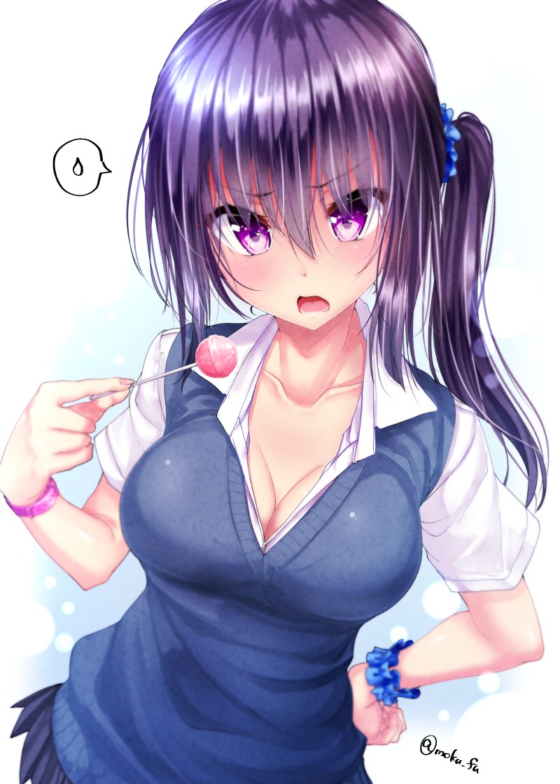 1girl blue_background blue_scrunchie blue_skirt blue_vest blush breasts candy cleavage collared_shirt food gradient gradient_background hair_ornament hair_scrunchie hand_on_hip holding holding_candy holding_food holding_lollipop large_breasts lollipop long_hair looking_at_viewer mokufuu open_mouth original pink_wristband pleated_skirt purple_hair scrunchie shirt short_sleeves side_ponytail skirt solo speech_bubble spoken_sweatdrop sweatdrop twitter_username vest violet_eyes white_background white_shirt wrist_scrunchie wristband