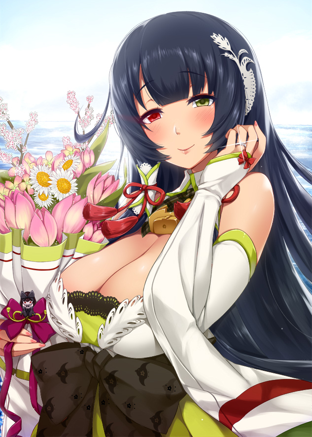 1girl bangs bare_shoulders black_hair blue_sky blush bouquet breasts bridal_gauntlets cleavage closed_mouth clouds commentary_request darkmaya day detached_sleeves dress eyebrows_visible_through_hair flower furisode green_dress green_eyes hair_between_eyes hair_ornament hair_ribbon hair_tubes hakama hand_up heterochromia holding holding_bouquet japanese_clothes jewelry kantai_collection kimono large_breasts long_hair long_sleeves looking_at_viewer low-tied_long_hair mizuho_(kantai_collection) obi ocean outdoors parted_lips red_eyes ribbon ring sash sidelocks sky sleeves_past_wrists smile solo very_long_hair wedding_ring