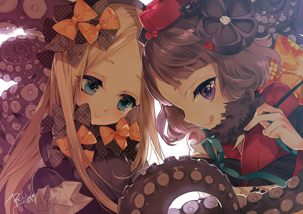 2girls abigail_williams_(fate/grand_order) bangs black_bow black_hat blonde_hair blue_eyes bow close-up edoya_pochi fate/grand_order fate_(series) flower hair_bow hair_flower hair_ornament hairpin hat holding holding_paintbrush japanese_clothes katsushika_hokusai_(fate/grand_order) kimono licking_lips long_hair multiple_girls octopus orange_bow paintbrush parted_bangs polka_dot polka_dot_bow sleeves_past_fingers tongue tongue_out violet_eyes