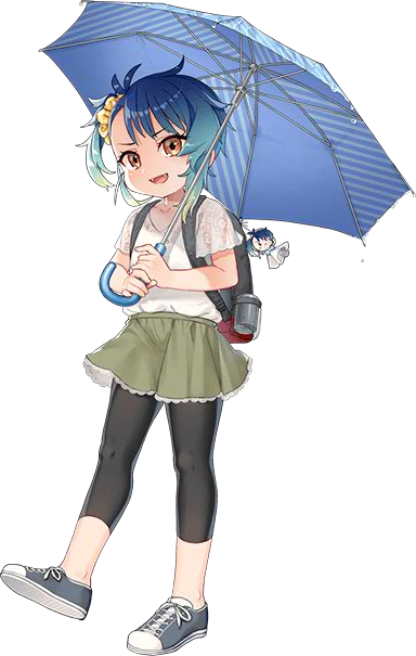 1girl :d akasaka_yuzu alternate_costume blue_hair brown_eyes fangs fukae_(kantai_collection) green_skirt holding holding_umbrella kantai_collection official_art open_mouth shirt shoes short_hair short_sleeves simple_background skirt smile sneakers solo teruterubouzu transparent_background umbrella v-shaped_eyebrows white_background white_shirt