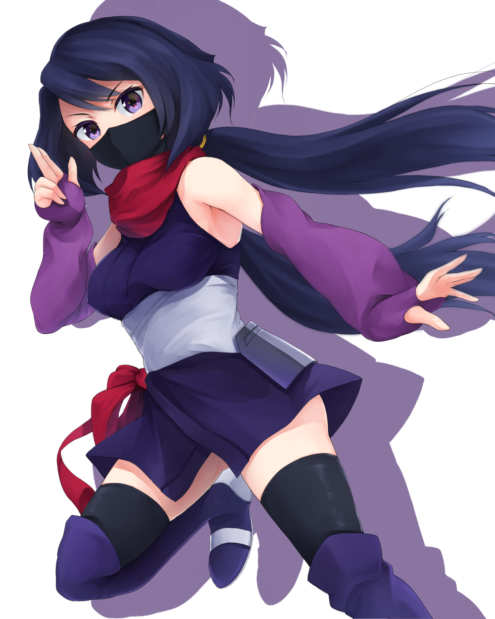 1girl ayame_(gundam_build_divers) bangs black_hair black_legwear blush breasts elbow_gloves face_mask gloves gundam gundam_build_divers highres japanese_clothes large_breasts long_hair looking_at_viewer low_ponytail mask minami_machi ninja ponytail red_scarf scarf sleeveless solo thigh-highs violet_eyes