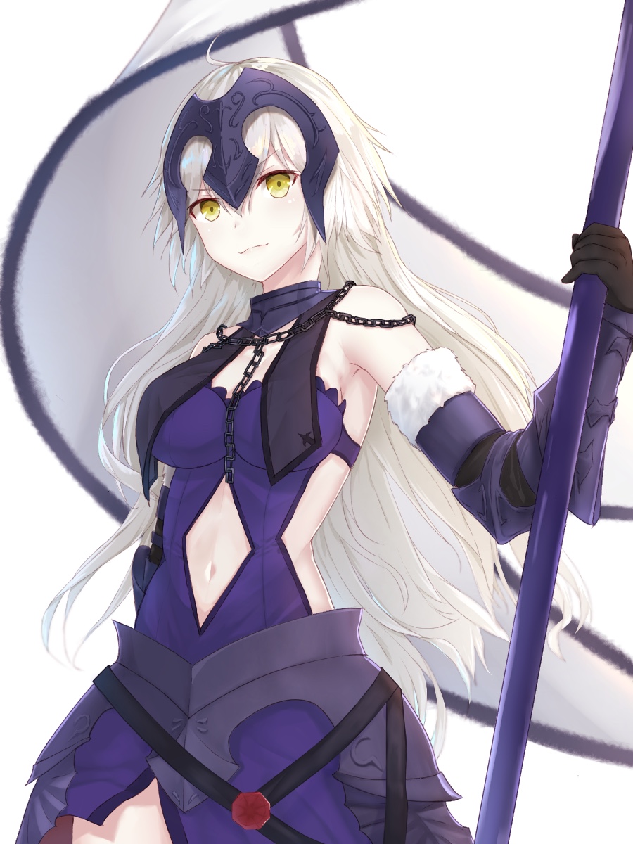 1girl ahoge armor armored_dress banner black_gloves blue_dress breasts chains choker cleavage dress elbow_gloves fate/grand_order fate_(series) floating_hair fur_trim gloves highres holding holding_weapon jeanne_d'arc_(alter)_(fate) jeanne_d'arc_(fate)_(all) long_hair medium_breasts midriff navel navel_cutout reuri_(tjux4555) sideboob silver_hair simple_background sleeveless sleeveless_dress smile solo standing stomach very_long_hair weapon white_background yellow_eyes